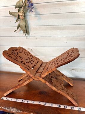 Hand Carved Wooden Folding Book or Tablet Stand - Floral Motif Made in India